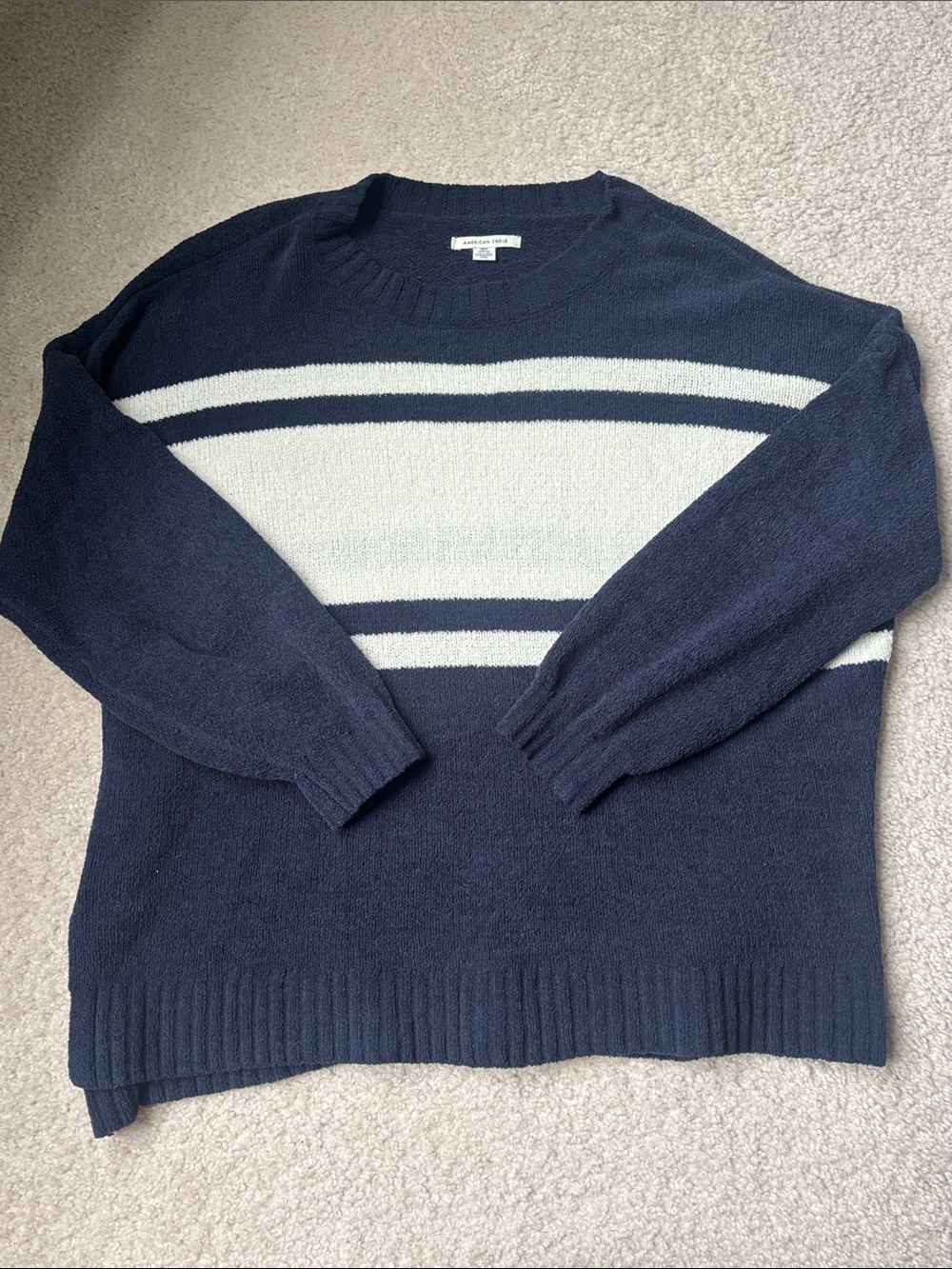 American Eagle Outfitters Navy Crewneck Sweater with Cream Stripes